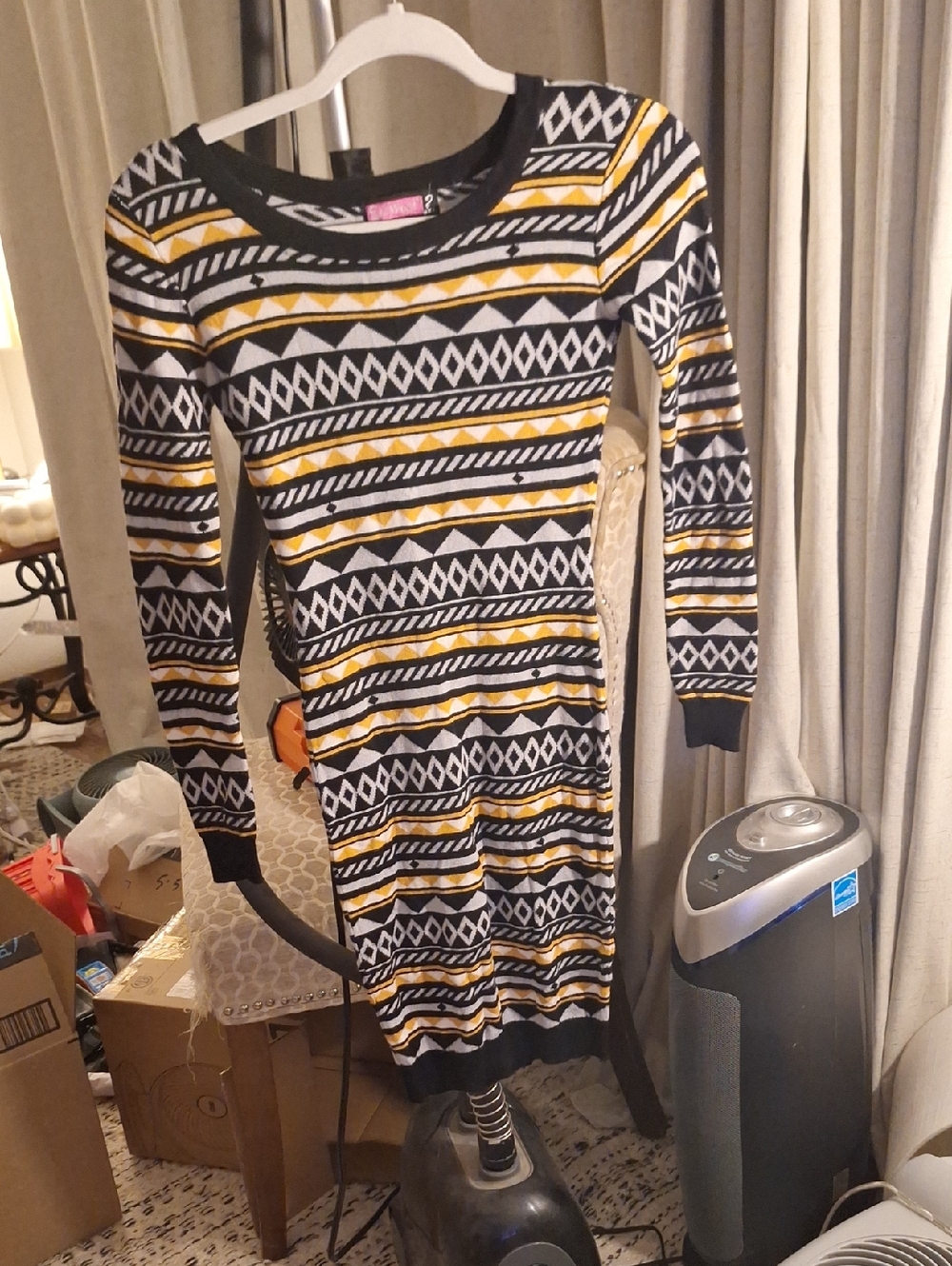 Striped Geometric Long-Sleeve Sweater Dress in Black, White & Mustard